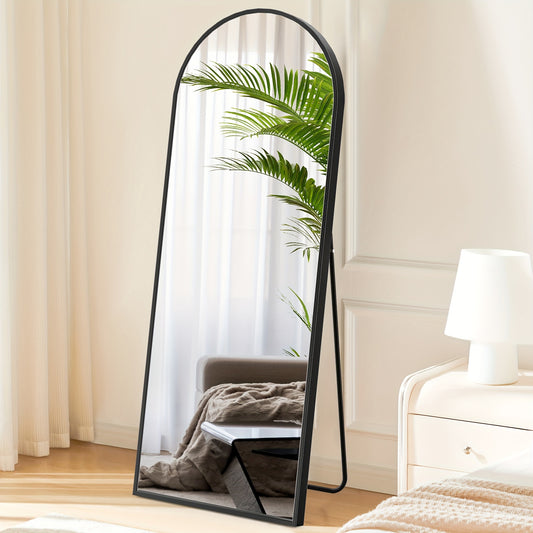 64"x21" Black Arched Full Length Mirror, Standing Leaning or Mounted Hanging Wall Mirror for Bedroom, Livingroom, Cloakroom, Aluminum Frame Body Mirror, Modern